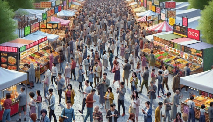 A vibrant festival scene with diverse stalls, crowds, and tech-savvy attendees enjoying culinary delights.