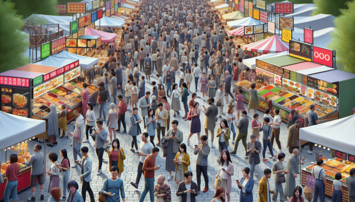 A vibrant festival scene with diverse stalls, crowds, and tech-savvy attendees enjoying culinary delights.