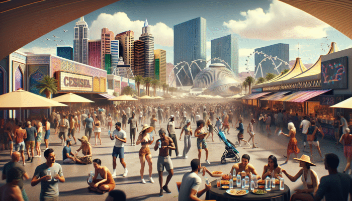 A vibrant Las Vegas festival scene with people using refillable water bottles and resting in shaded areas to stay hydrated.