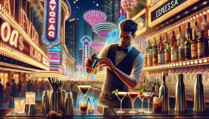 Bartenders in Las Vegas crafting unique Espresso Martini variations with exotic garnishes under neon lights.
