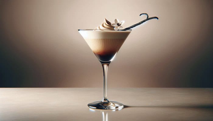 Creamy Vanilla Espresso Martini with vanilla bean garnish on a stylish bar counter.