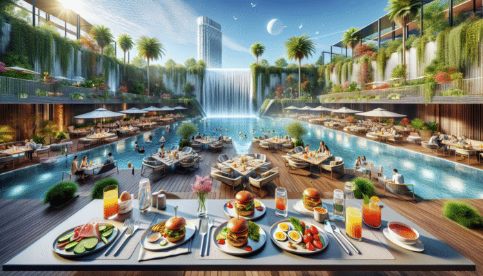 A vibrant outdoor brunch scene in Las Vegas with expansive patios, lush greenery, and a waterfall. Guests enjoy gourmet burgers, eggs Benedict, and refreshing cocktails under a sunny sky.