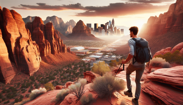A solo traveler hiking in the red rock desert near Las Vegas, finding tranquility and an adrenaline rush.