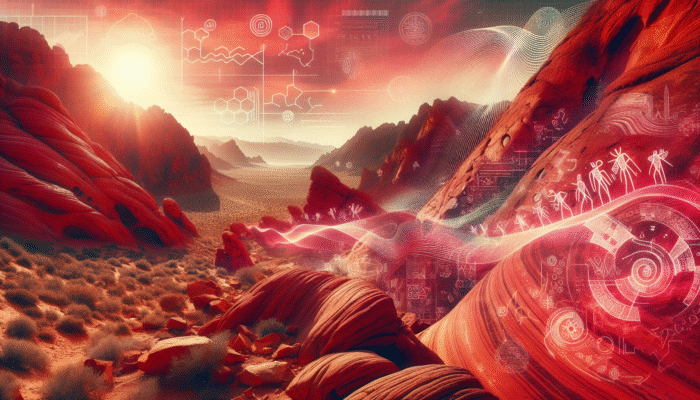 Vibrant red sandstone landscape at Valley of Fire State Park with Fire Wave Trail and ancient petroglyphs.