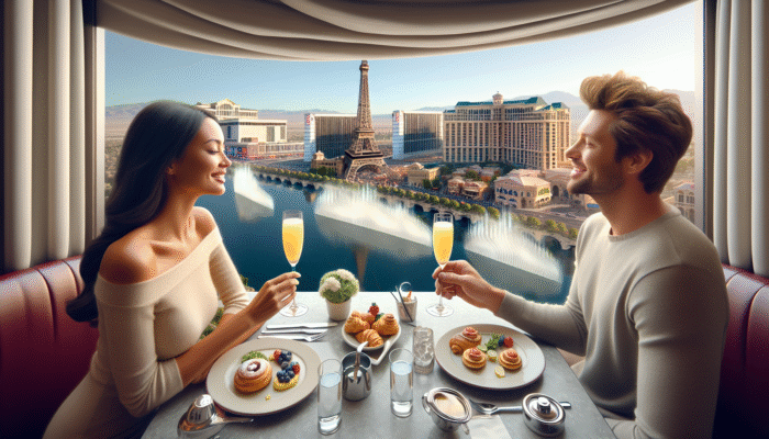 Best Las Vegas Bars for Mimosas: A couple enjoying a romantic brunch with mimosas and French pastries at the Eiffel Tower Restaurant, overlooking the Bellagio fountains.