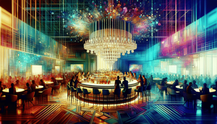The Chandelier Bar at The Cosmopolitan, adorned with crystals, offers unique mimosas and small plates in a vibrant, glamorous setting.