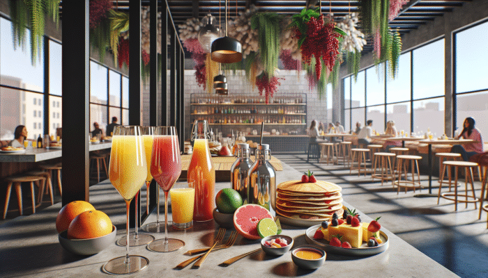 A colorful array of mimosas and brunch dishes at The Henry's chic, lively setting.