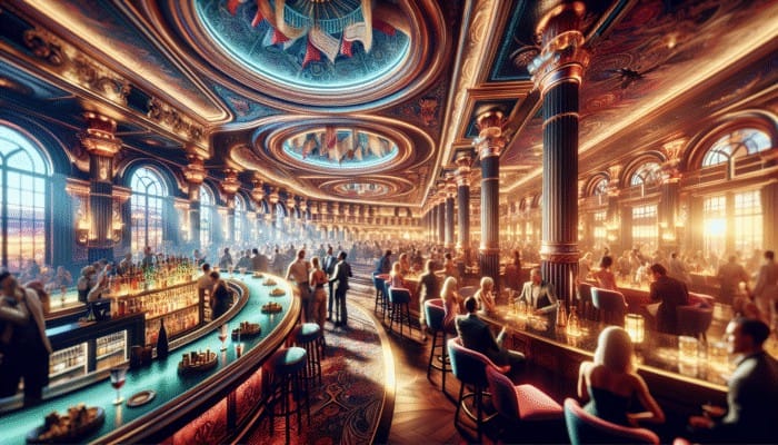 Pub Crawl Themes For A Memorable Vegas Day: A vibrant Las Vegas casino bar scene at night, showcasing luxurious interiors of Bellagio, Caesars Palace, and The Venetian, with patrons enjoying cocktails amidst dazzling decor and lively entertainment.