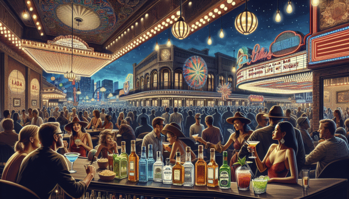 Best Pub Crawl Itinerary for Tequila Lovers: A vibrant Las Vegas tequila bar at night with lively crowds, live music, and an extensive tequila display.