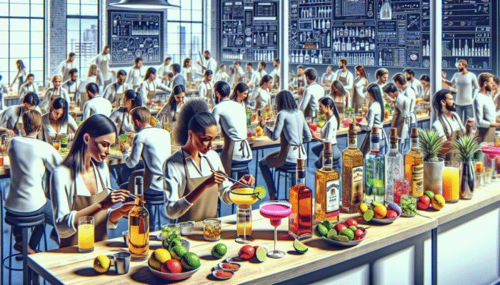 Students in San Diego mixology class crafting colorful tequila cocktails like margaritas and palomas.