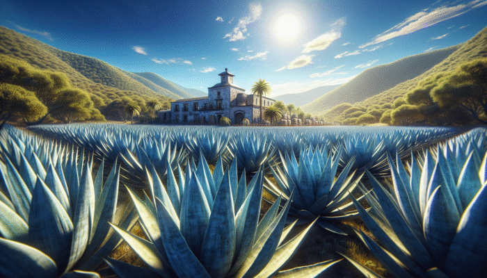 Blue agave fields in Mexico with a traditional tequila distillery in the background.
