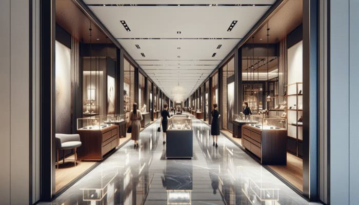 Best Las Vegas Malls for Luxury Shopping: Elegant corridor at The Forum Shops with luxury boutiques of Gucci, Versace, and Louis Vuitton.