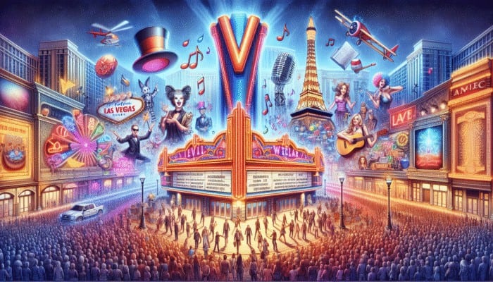 A vibrant Las Vegas mall with V Theater, offering diverse live performances including magic, music, and comedy.
