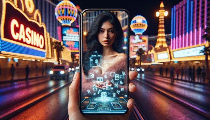 How to Avoid Gambling Mistakes in Vegas: Person setting gambling limit on smartphone amidst neon-lit Las Vegas street at night.