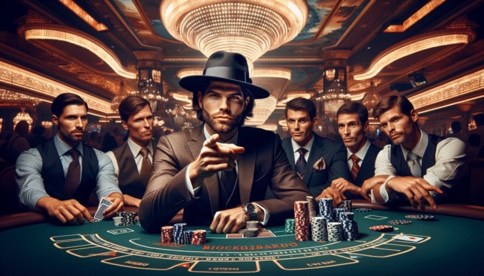 A confident gambler at a Las Vegas blackjack table, using strategy charts, surrounded by novices.