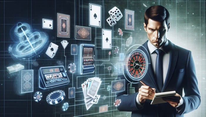 A person analyzing casino game odds charts, surrounded by gaming items, making strategic bets.