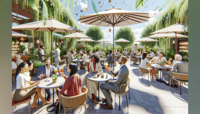 Guests at Patio Bar enjoying cocktails under umbrellas amidst greenery, engaging in lively conversations.