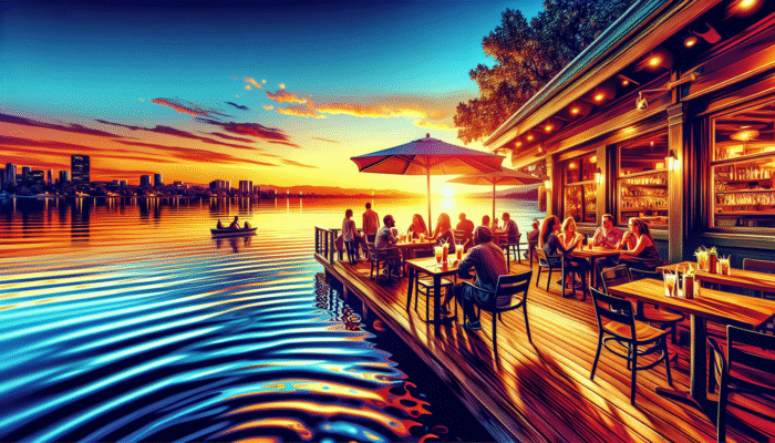 Patrons enjoying cocktails on a serene waterfront terrace at sunset, with rippling water and panoramic views at Lakeside Tavern.