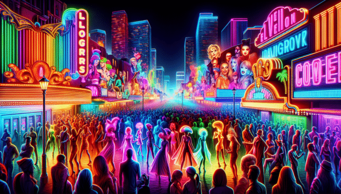 A vibrant Las Vegas pub crawl at night with neon lights, themed bars, and lively costumed crowds.