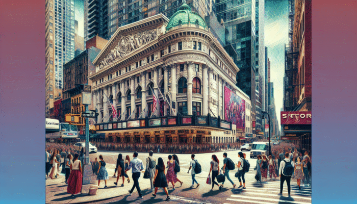 A bustling crowd enters a historic Broadway theater for an early afternoon matinee, capturing the excitement of live theater.