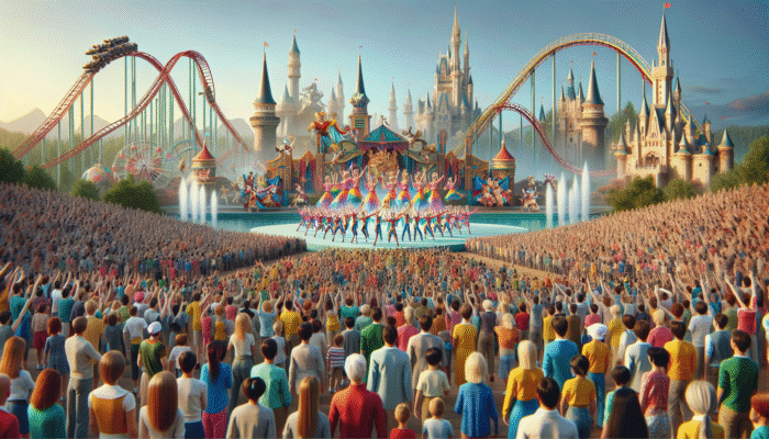 A vibrant theme park scene with families and thrill-seekers enjoying a colorful live show near iconic rides.