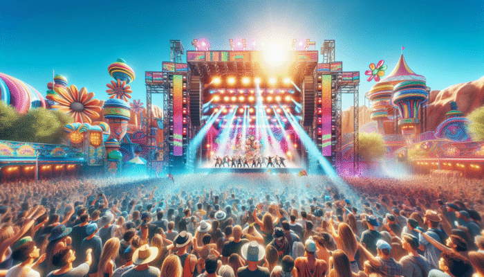 A vibrant theme park summer concert with excited crowds, colorful lights, and festive decorations.