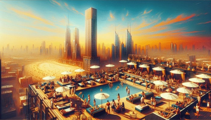 Top Day Drinking Venues at the Cromwell: Rooftop scene at Drai's Beachclub & Nightclub, people enjoying cocktails and skyline views in Las Vegas.