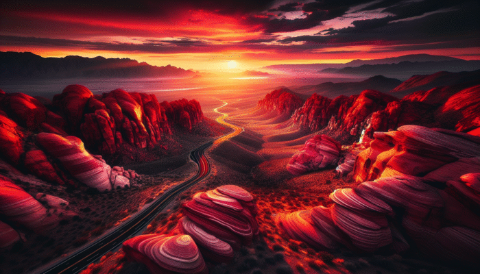 Best Las Vegas Spots for Nature Photography: Scenic drive at sunset in Red Rock Canyon, vibrant sandstone and dramatic light interplay.