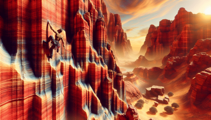 Climber scaling rugged cliffs at Red Rock Canyon, capturing dynamic action shots against vivid desert backdrop.