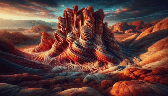 Eroded sandstone formations resembling swirling sculptures in Valley of Fire, with vibrant colors under early morning light.