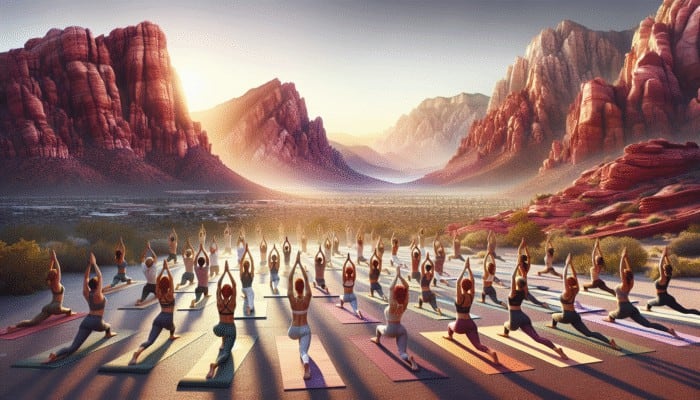 Top Yoga Retreats in Las Vegas: Yoga practitioners at sunrise in Las Vegas, with Red Rock Canyon's red rocks as a backdrop.