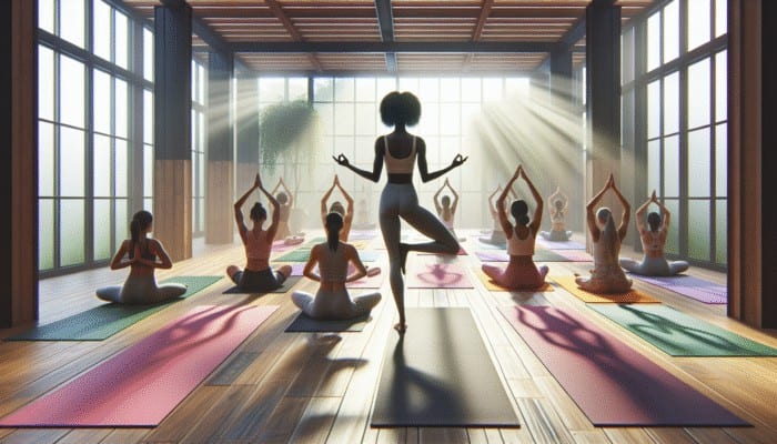 A serene yoga retreat in Las Vegas with small classes, nurturing instructors guiding beginners on colorful mats in a sunlit studio.