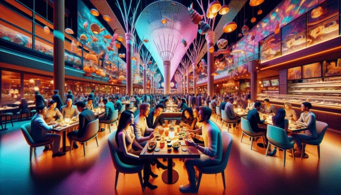 A vibrant Las Vegas seafood restaurant at night, with diners enjoying sushi and seafood under colorful lights.