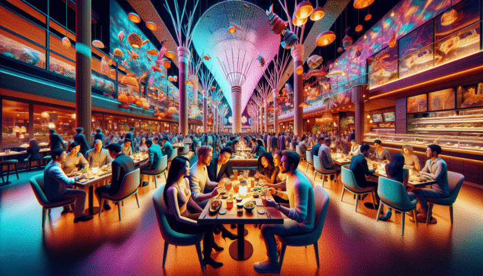 A vibrant Las Vegas seafood restaurant at night, with diners enjoying sushi and seafood under colorful lights.