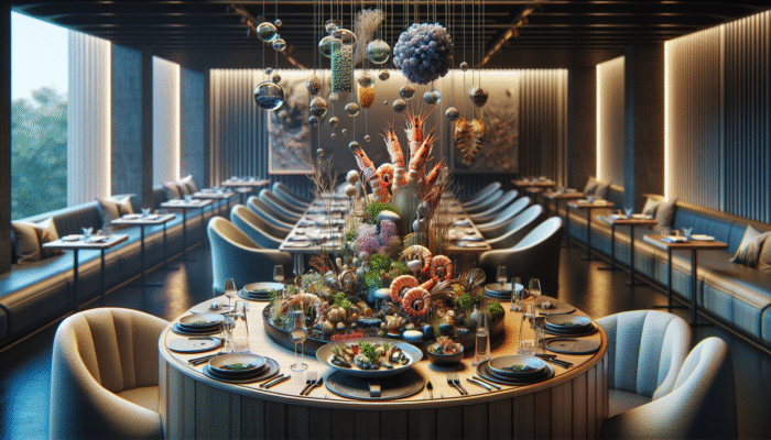 Intimate dining scene at é by José Andrés with innovative seafood dishes and theatrical ambiance.