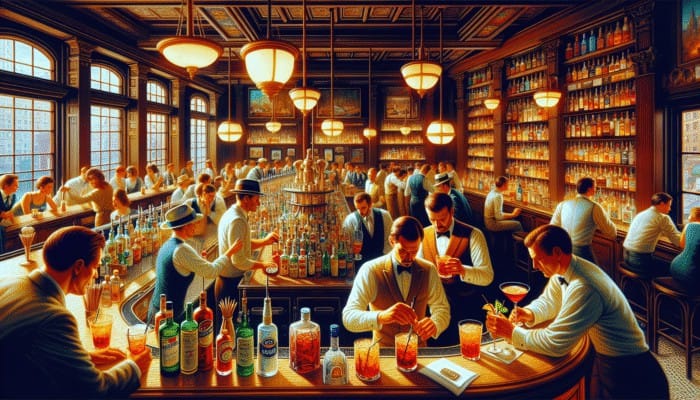 Top Day Drinking Spots for Negronis: A bustling Greenwich Village bar, Dante, with vintage decor and lively patrons enjoying expertly crafted Negronis.