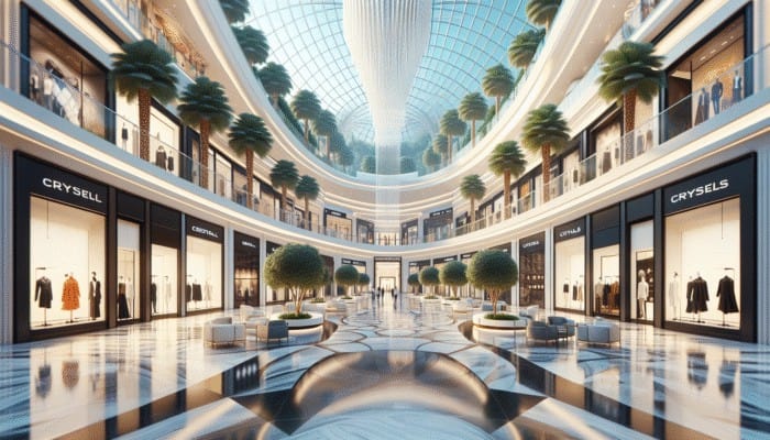 Luxurious shopping scene at Shops at Crystals with high-end boutiques of Louis Vuitton, Gucci, and Prada.