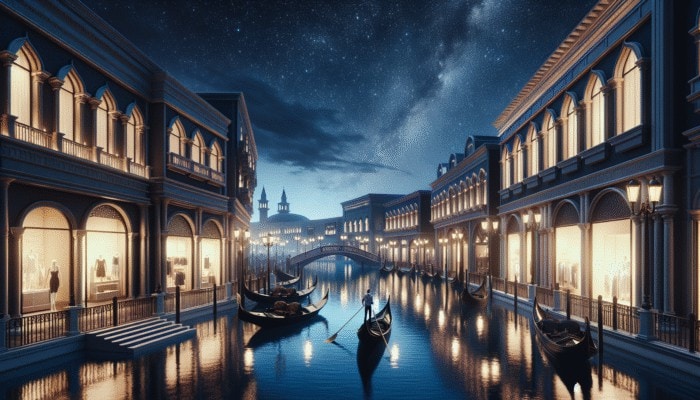 A nighttime view of Grand Canal Shoppes with gondolas on shimmering water, under a starry sky.