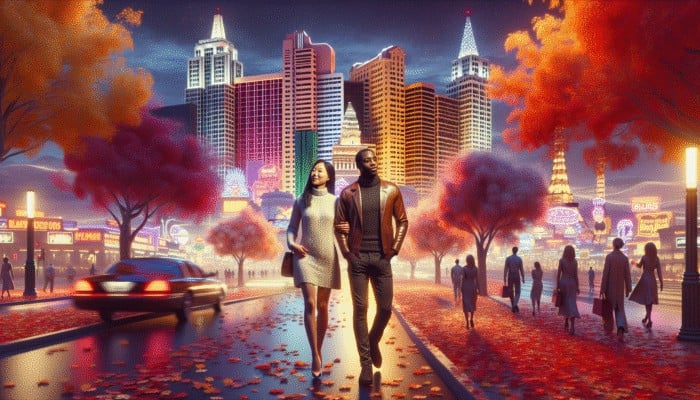 How to Plan a Romantic Vegas Getaway: A couple on a romantic walk along the Las Vegas Strip at sunset, with autumn colors and city lights.