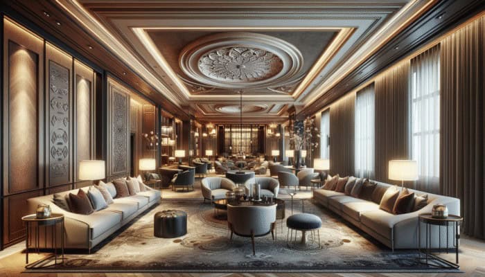 Day Drinking at Franklin Lounge Delano: Elegant interior of Franklin Lounge Delano with high ceilings, plush sofas, and cozy seating in deep tones and soft accents.