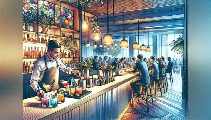 Expert mixologists at Franklin Lounge Delano crafting colorful, unique cocktails with seasonal ingredients.