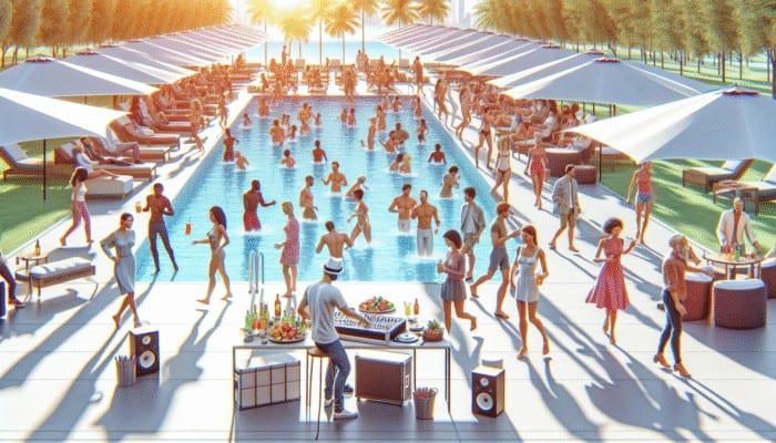 Top Daytime Events for a Vegas Day-Drinking Vibe: Vibrant pool party with dancing, socializing guests by a luxurious pool, DJ spinning lively tracks under bright sunshine.