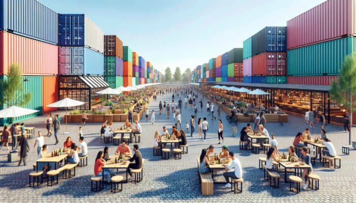 Why Downtown Container Park is a Day Drinking Hub: A vibrant downtown park with colorful shipping containers turned into bars and restaurants, where people enjoy drinks in an industrial, artistic setting.
