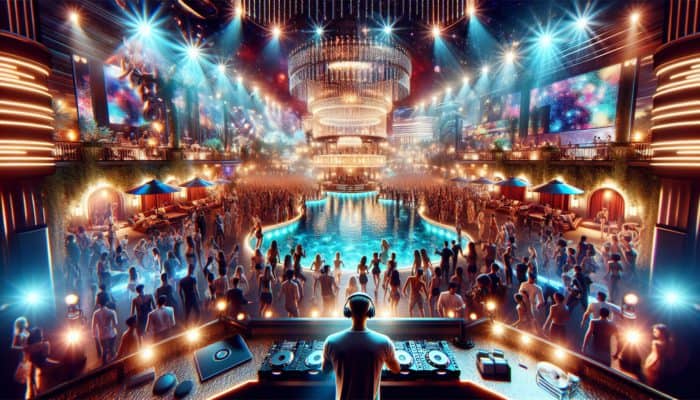 Top Activities for a Vegas Bachelor Party: A crowded dance floor at XS Nightclub in Las Vegas with dazzling lights, an outdoor pool, and a DJ.