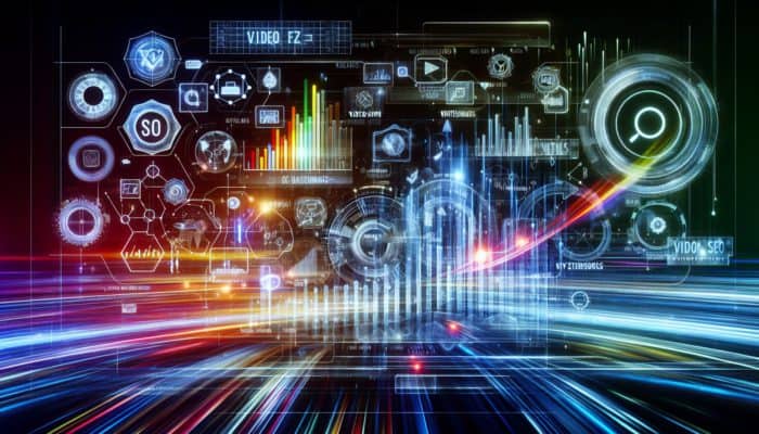 Voice Search’s Impact on Video SEO: A futuristic interface showing voice search analytics affecting video SEO with graphs, charts, and video thumbnails.
