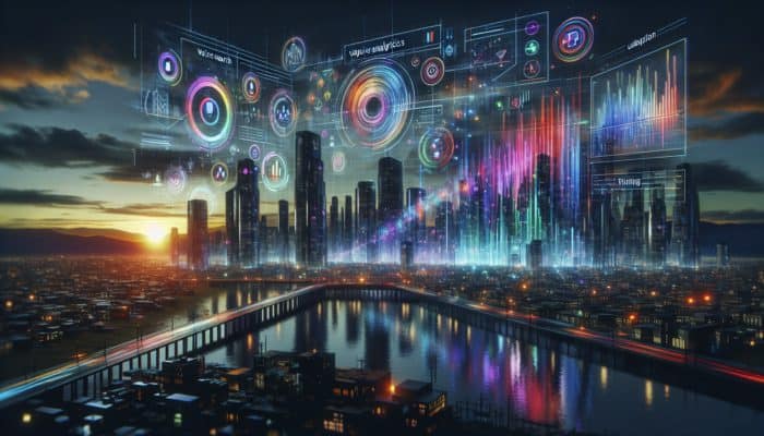 A futuristic digital interface with voice search analytics, colorful graphs, video thumbnails, and a city skyline at dusk.