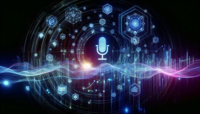 Futuristic digital landscape with voice search waves optimizing video thumbnails and SEO data streams.