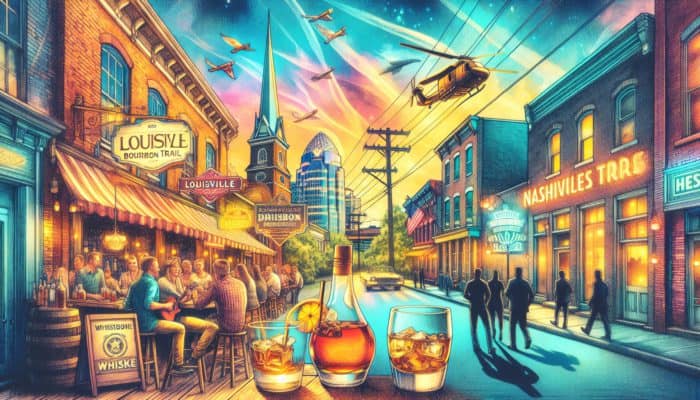 Best Pub Crawl Itinerary for Whiskey Fans: A vibrant pub crawl in Louisville and Nashville, featuring bourbon trail and live music with whiskey tasting.