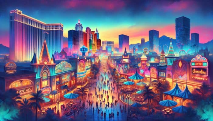 Best Las Vegas Tips for Budget Travelers: Budget-friendly Las Vegas Strip hotels like Excalibur and Circus Circus at dusk, with neon lights.