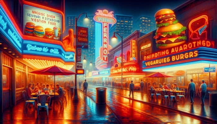 How to Find Cheap Eats in Las Vegas: Fremont Street at night with neon lights, showcasing budget-friendly eateries like VegeNation and Heart Attack Grill.